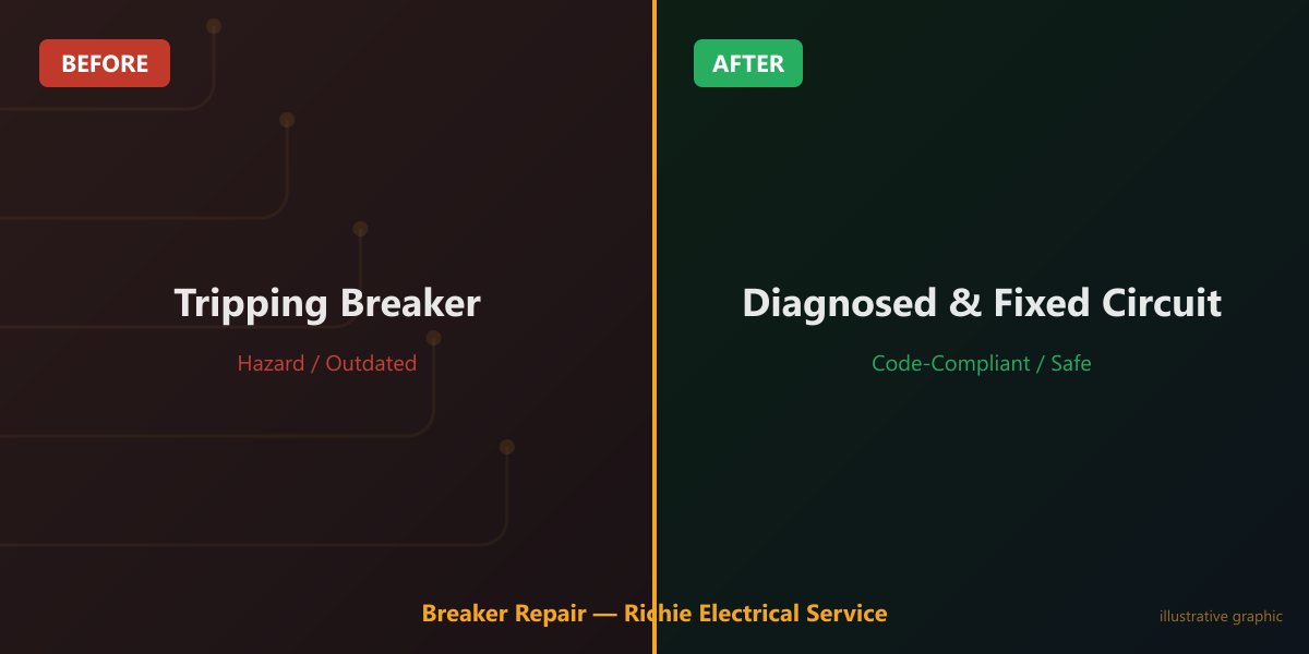Before and after breaker repair — tripping breaker diagnosed and circuit fixed