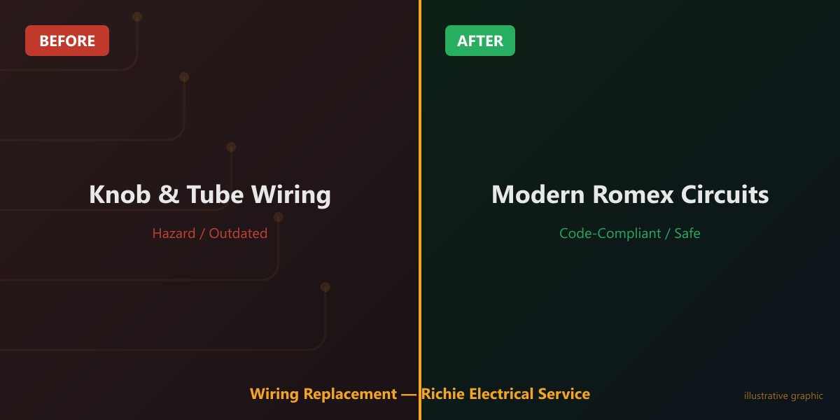 Before and after knob and tube replacement — old cloth wiring replaced with modern Romex circuits