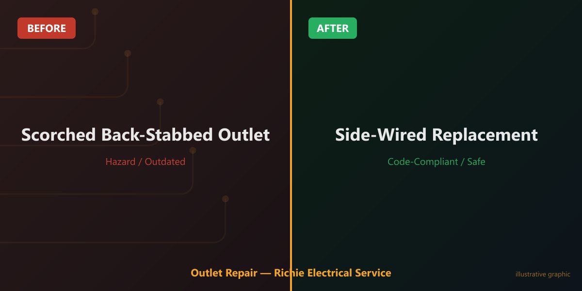 Before and after outlet repair — scorched back-stabbed outlet replaced with side-wired connection