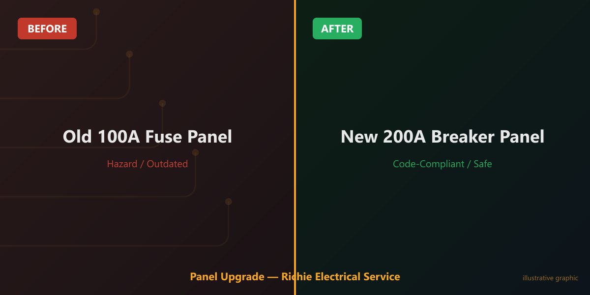 Before and after panel upgrade — old 100A fuse panel replaced with new 200A breaker panel
