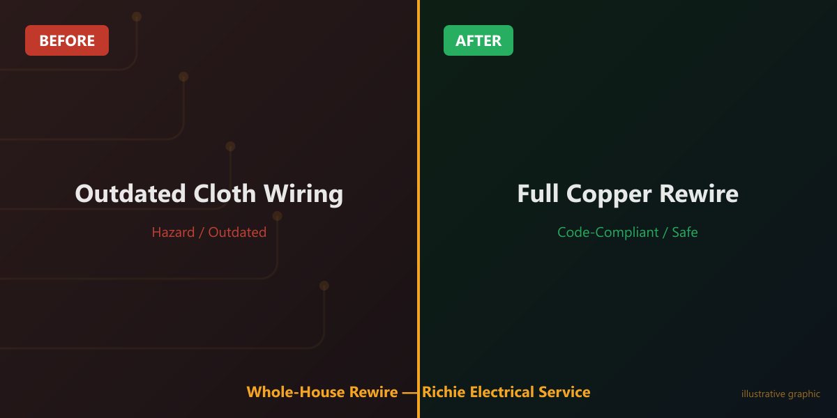 Before and after whole-house rewire — outdated cloth wiring replaced with full copper rewire